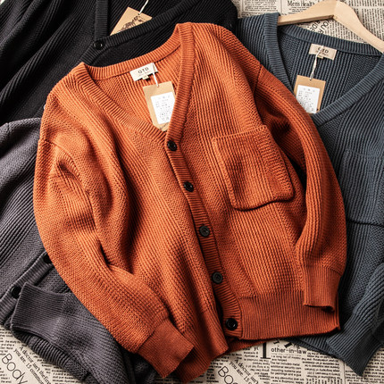 重磅阿美咔叽美式复古日系纯棉针织v领开衫毛衣纯色简约百搭外套