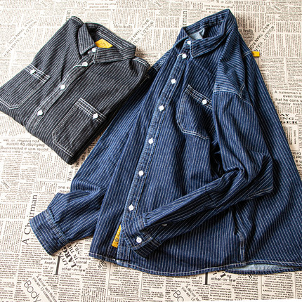 阿美咔叽日系 条纹牛仔衬衫男长袖休闲翻领外套水洗工装百搭 衬衣
