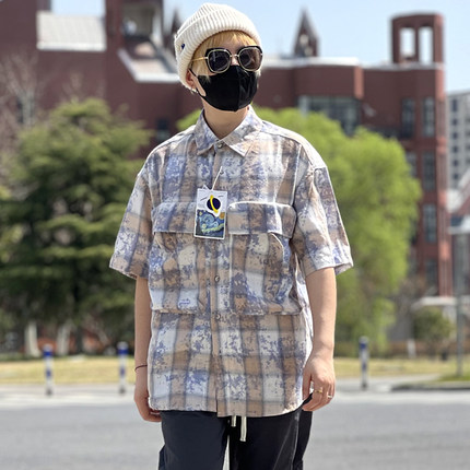 美式风短袖衬衫男日系复古宽松工装格子上衣水洗扎染大口袋衬衣男