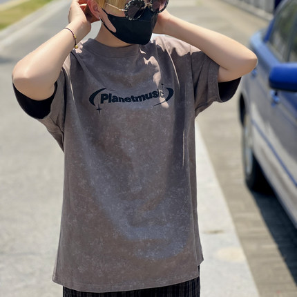 防晒短袖男重磅美式做旧蜡染字母印花宽松落肩工装休闲纯棉T恤男