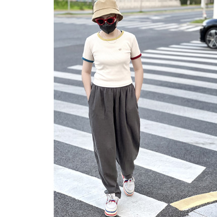 宽松型亚麻裤男锥形休闲裤夏季薄款萝卜裤日系复古纯色阔腿长裤子