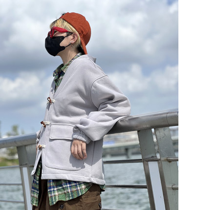 美式复古风夹克男 文艺牛角扣针织开衫卫衣宽松休闲V领上衣外套男