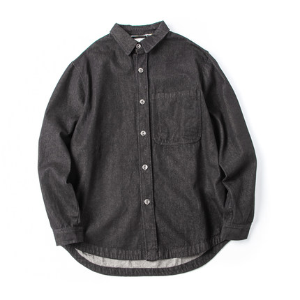 青少年牛仔风衬衫男美式复古日系原色长袖衬衣夹克外套深色上衣男