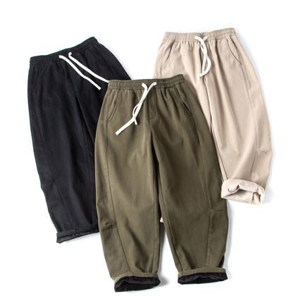 加厚锥形裤男加绒保暖美式拼接弯刀阔腿工装裤日系宽松直筒休闲裤