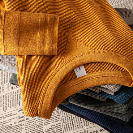 重磅阿美咔叽美式复古日系做旧纯棉华夫格圆领长袖T恤 修身打底衫