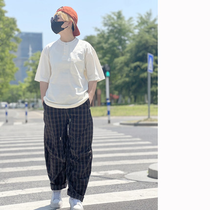 美式复古风格子长裤男日系宽松弯刀裤纯棉水洗立体廓形薄款休闲裤