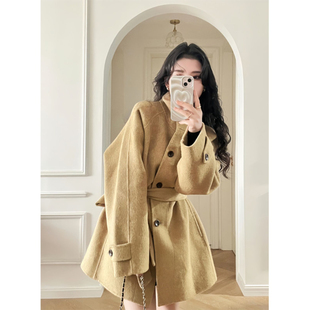 卡其色呢子大衣女秋冬2025新款毛呢外套高级感小个子短款韩系气质