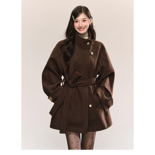 复古高级感立领毛呢外套2025秋冬新款 系带收腰显瘦气质棕色大衣