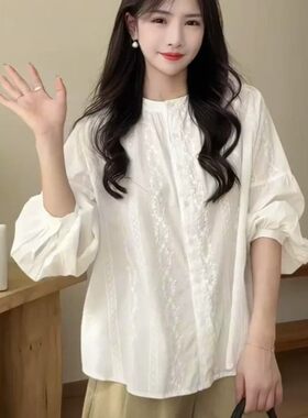 法式圆领刺绣提花长袖衬衫女春夏新款超好看气质减龄娃娃衫上衣潮