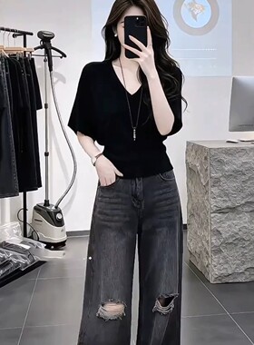 欧货黑色v领冰丝短袖T恤女夏季大码胖MM显瘦收腰高级感蝙蝠衫上衣