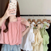 2025年夏装 一字肩吊带衬衫 配高腰裤 短款 宽松心机露肩上衣 女泡泡袖