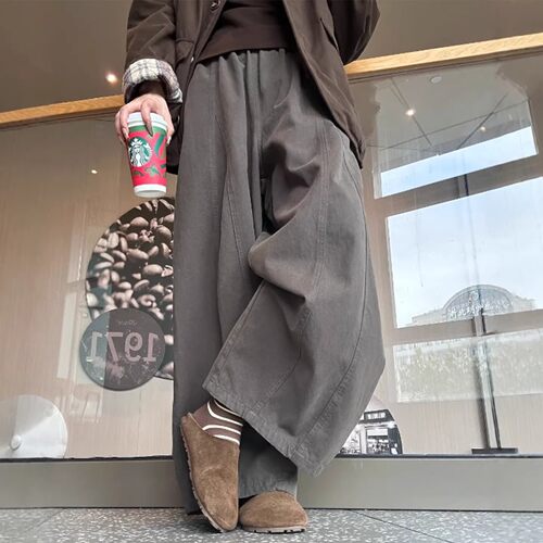 日系深灰色九分阔腿裤女小个子慵懒风胖mm遮胯宽腿粗休闲气球裤子