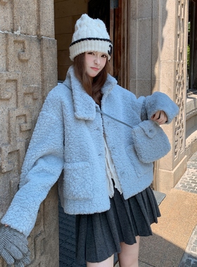 现货主推25冬装新款蓝色羊羔毛外套送包包2D044-2508-P185-K278