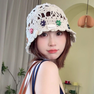 民族风花朵手工帽子女春夏季透气显脸小包头帽百搭镂空针织渔夫帽