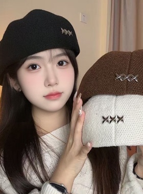 黑色毛呢贝雷帽子女冬季韩系百搭显脸小反戴前进帽保暖气质画家帽