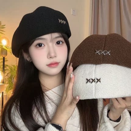 黑色毛呢贝雷帽子女冬季韩系百搭显脸小反戴前进帽保暖气质画家帽