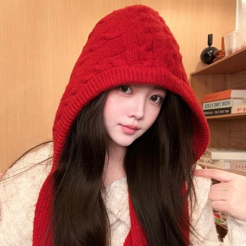红色围巾一体帽子女冬季保暖防寒针织帽大头围巴拉克拉法帽显脸小