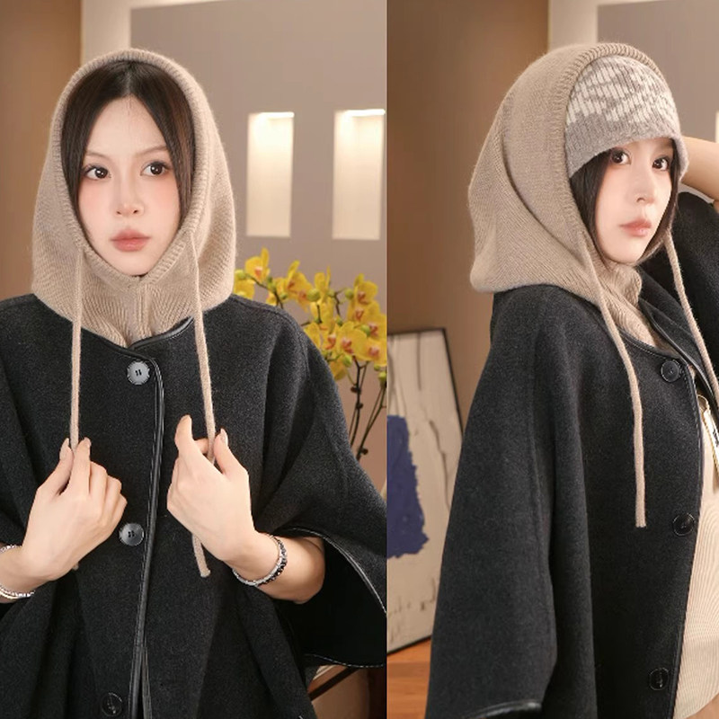 巴拉克拉法帽子女冬季含羊毛连帽围巾一体保暖防风骑车防寒针织帽