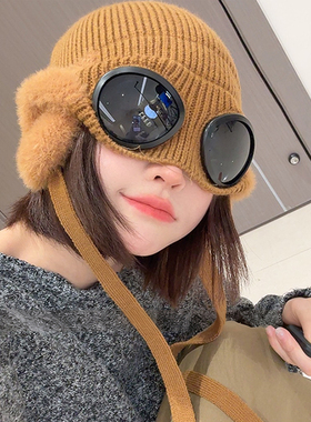韩版护目镜飞行员帽子女冬季加绒