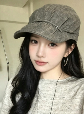 日系亚麻女秋显脸小绑带鸭舌帽