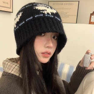 黑色复古针织帽子女冬季韩版百搭显脸小毛线水桶帽加厚防寒保暖帽