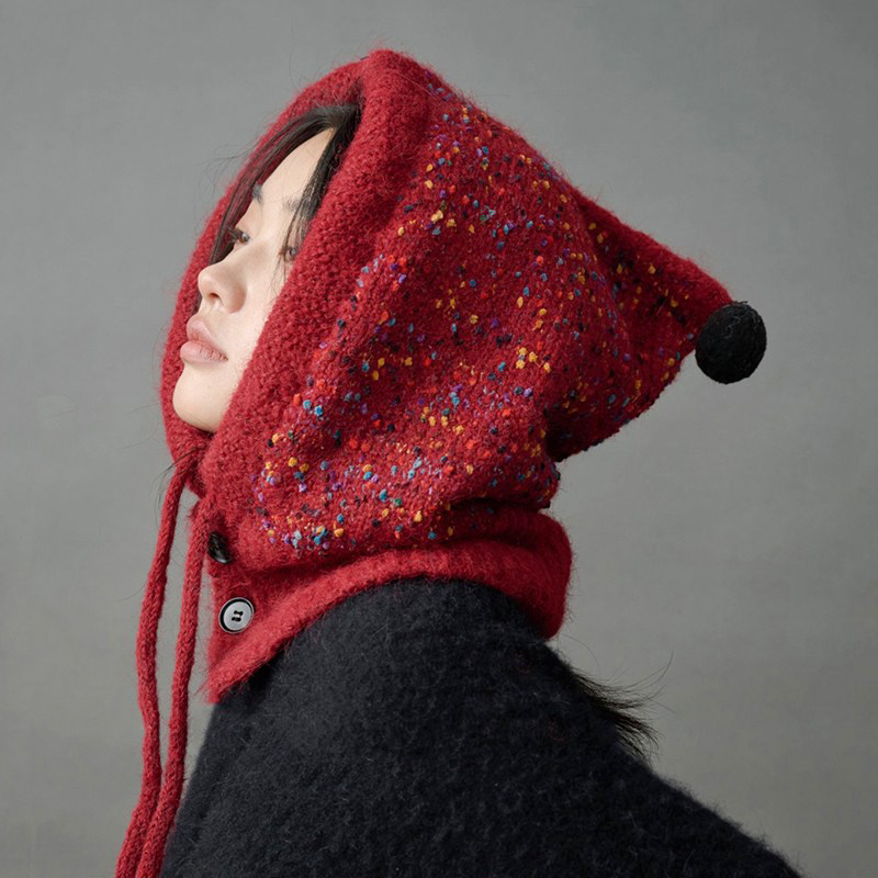 韩版红色针织巴拉克拉法帽子女秋冬季保暖围巾一体2025新款毛线帽