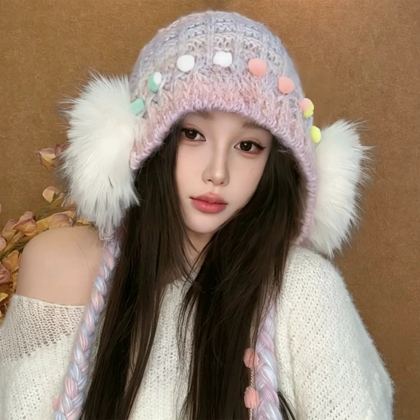秋冬女保暖显脸小毛球流苏护耳帽