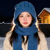 蓝色巴拉克拉法针织帽子女冬季 围巾一体保暖护耳防寒套头帽显脸小
