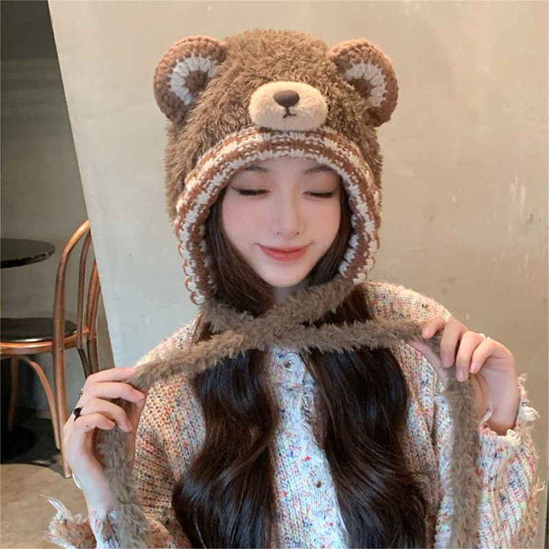日系可爱小熊耳朵绑带针织帽防寒