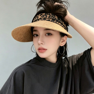 大檐防晒草编空顶帽女豹纹可拆卸蝴蝶结遮阳帽防晒帽夏季户外帽子