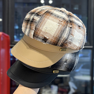 英伦风八角帽子女秋季 2025新款 破洞格纹百搭报童帽显脸小画家帽潮