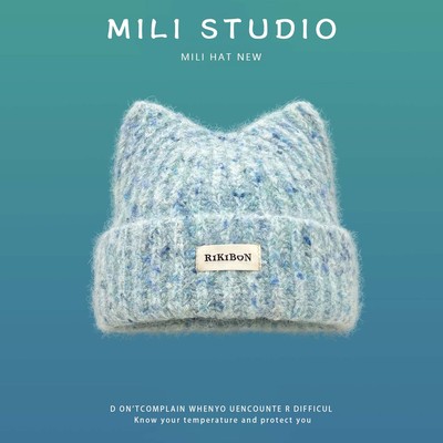 日系可爱猫耳朵保暖毛线帽子女冬