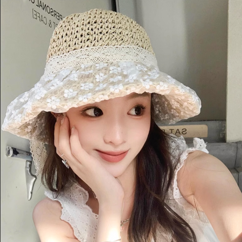 防晒草帽赫本风沙滩度假蕾丝遮阳