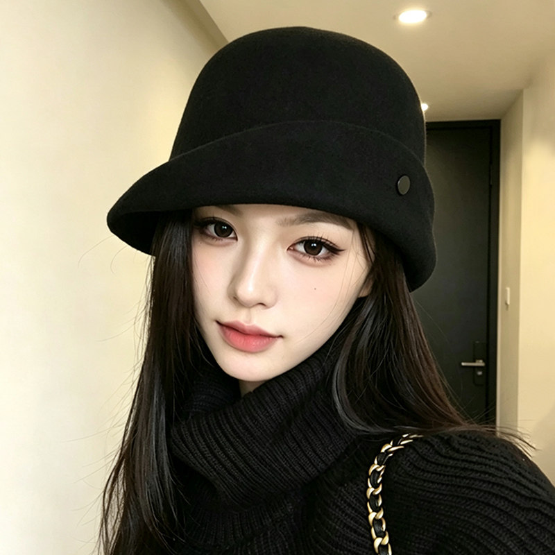 法式赫本风黑色羊毛保暖礼帽女
