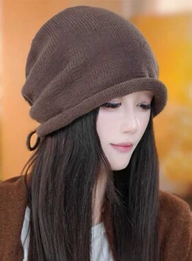 韩系卷边抽绳针织堆堆帽子女秋冬季大头围防寒保暖包头帽素颜冷帽