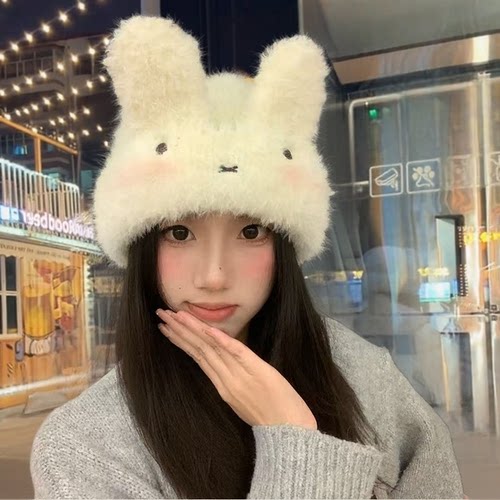 可爱兔耳朵毛绒帽子女秋冬季加厚