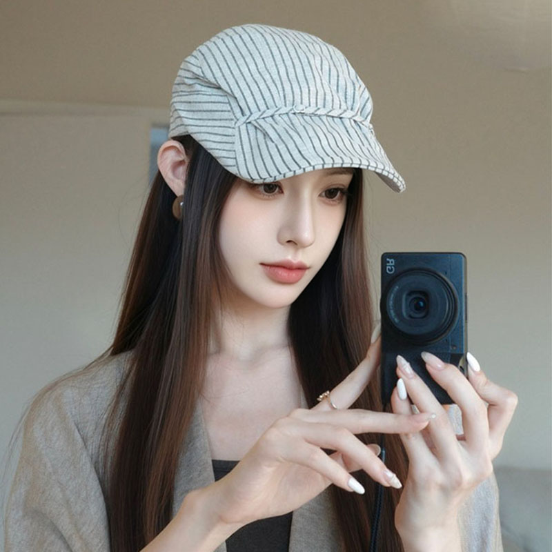 复古条纹棉麻前进帽女秋季百搭显脸小帽子文艺风百搭鸭舌帽贝雷帽