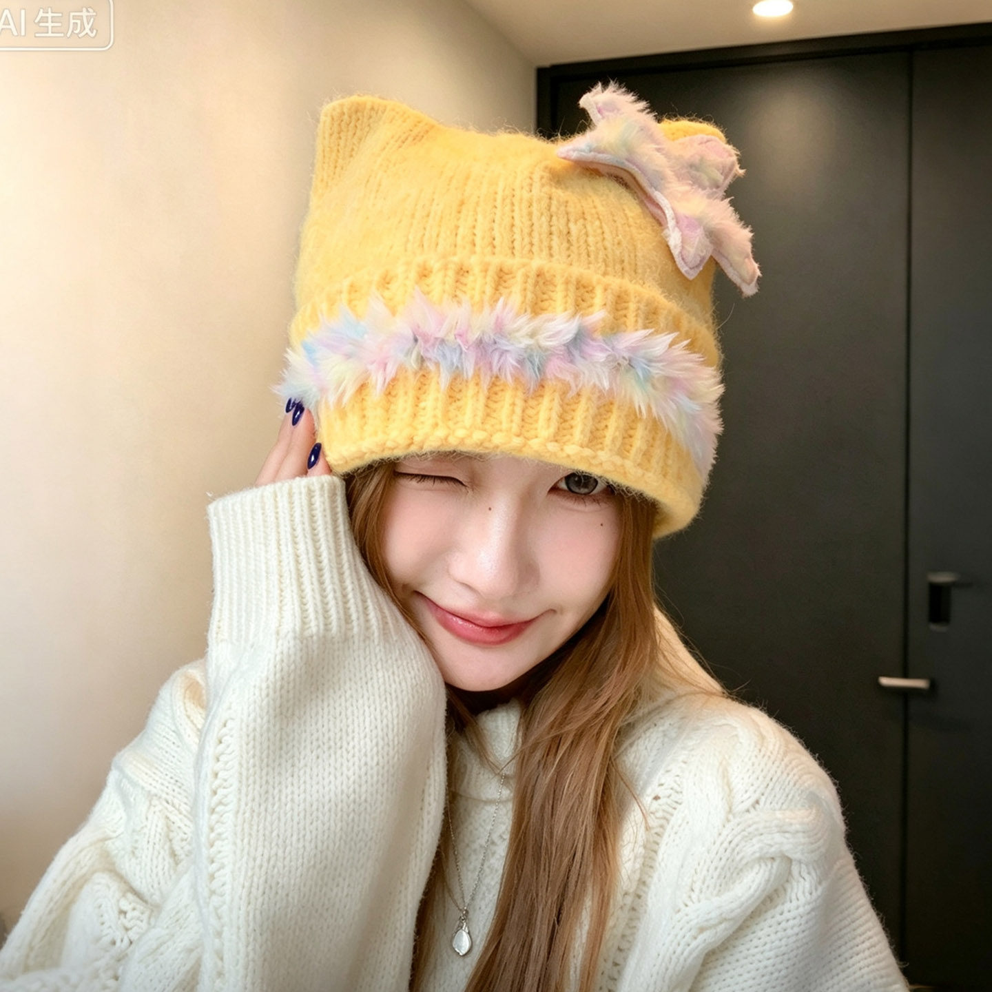 日系甜美猫耳针织帽冬季保暖女