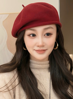 2025新款安格拉红羊毛卷边贝雷帽子女冬时尚气质保暖显脸小蓓蕾帽