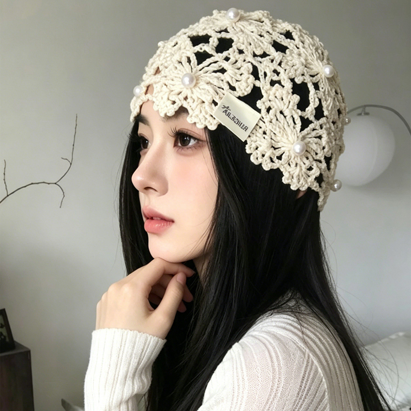 法式复古手工钩织花朵镂空包头帽