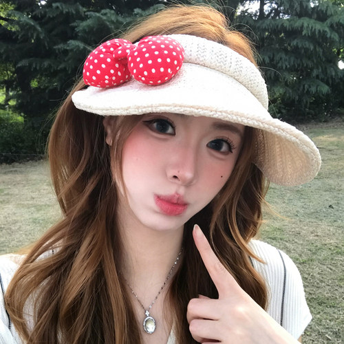 韩系波点蝴蝶结空顶防晒草帽女