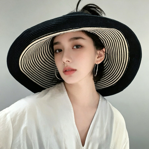 夏季大檐防晒空顶草帽女可折叠