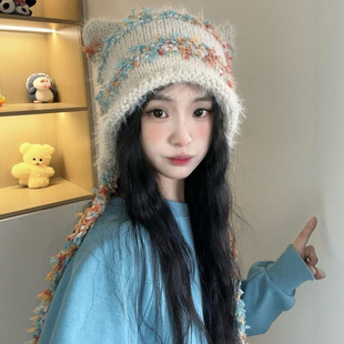 日系可爱卡通猫耳朵针织帽子女冬季防寒保暖护耳显脸小百搭包头帽