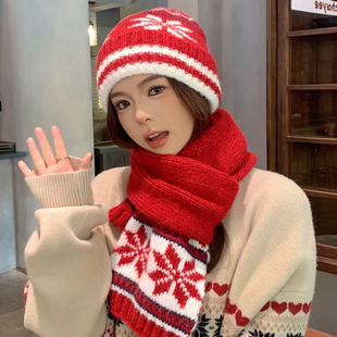 韩版费尔岛风针织毛线帽子女秋冬季加厚保暖圣诞雪花围巾套头帽男