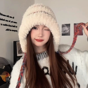 大头围毛绒绒显脸小护耳帽秋冬保暖可爱防寒雷锋帽百搭针织帽子女