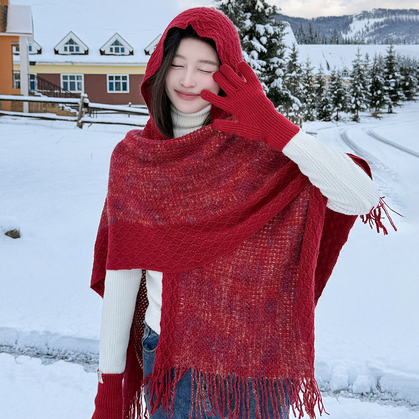 民族风红色镂空针织连帽披肩秋冬季云南旅游针织流苏防寒披风斗篷