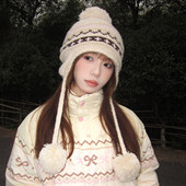 费尔岛风毛球针织雷锋帽子女冬季 加厚保暖针织帽显脸小休闲毛线帽