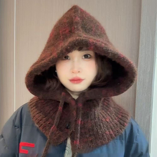 2025新款羊毛混纺针织帽子女冬季围巾一体保暖护耳防寒加厚毛线帽