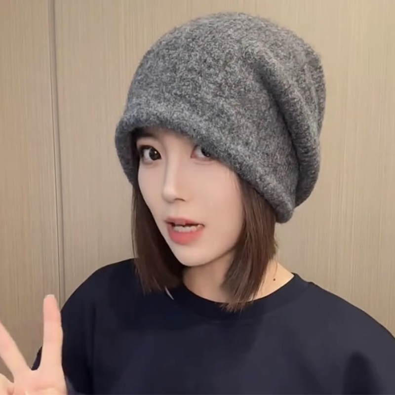大头围包头毛线帽亮片灰色堆堆帽