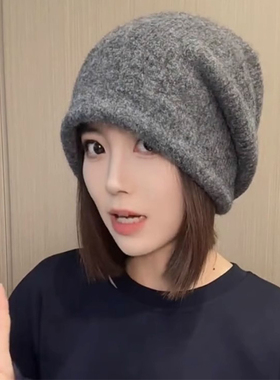 大头围包头毛线帽子女款2025新款秋冬季显脸小亮片灰色冷帽堆堆帽